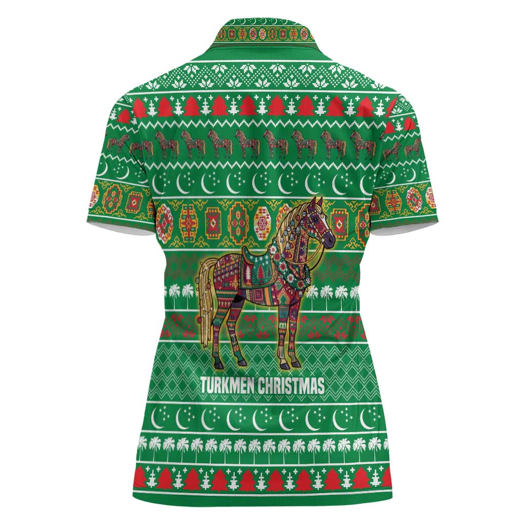 Turkmenistan Christmas Women Polo Shirt with Decorated Horse Crescent Moon Pattern and Traditional Carpet - Wonder Print Shop