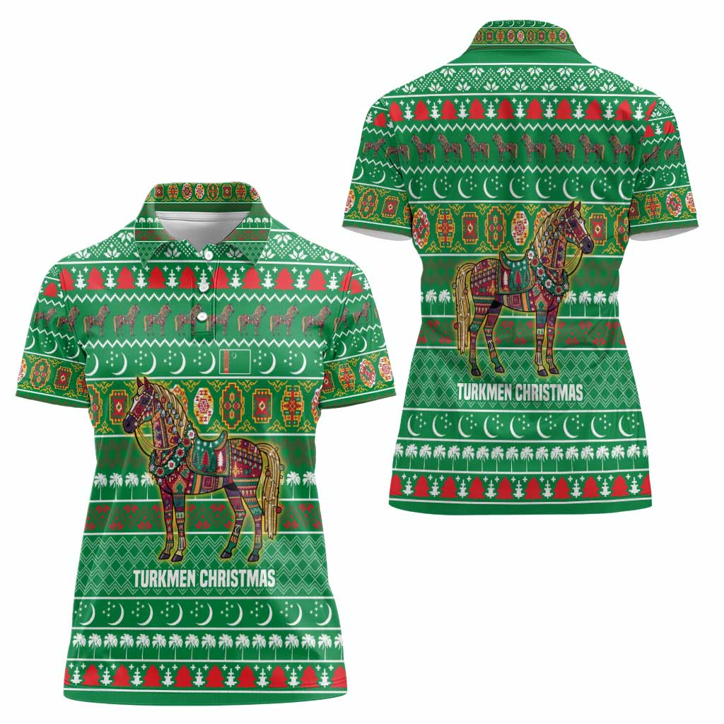 Turkmenistan Christmas Women Polo Shirt with Decorated Horse Crescent Moon Pattern and Traditional Carpet - Wonder Print Shop