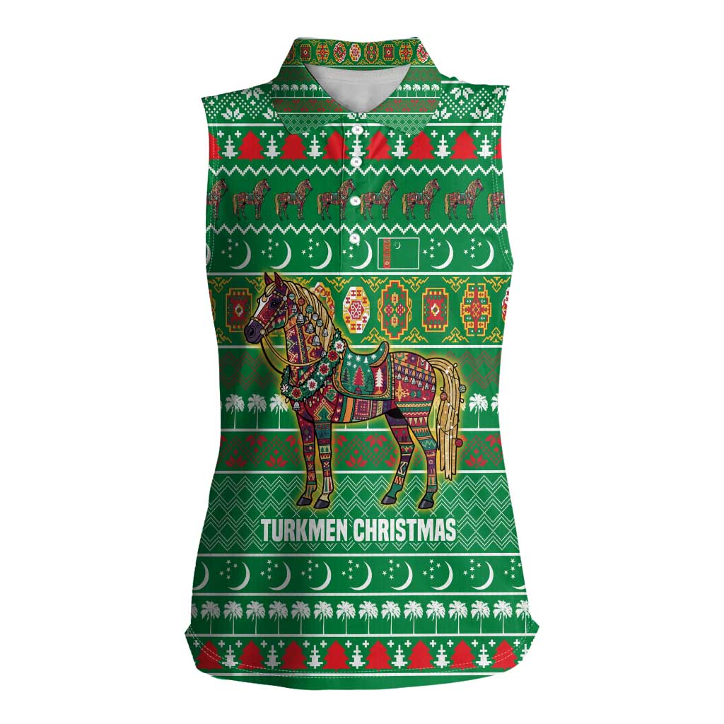 Turkmenistan Christmas Women Sleeveless Polo Shirt with Decorated Horse Crescent Moon Pattern and Traditional Carpet - Wonder Print Shop