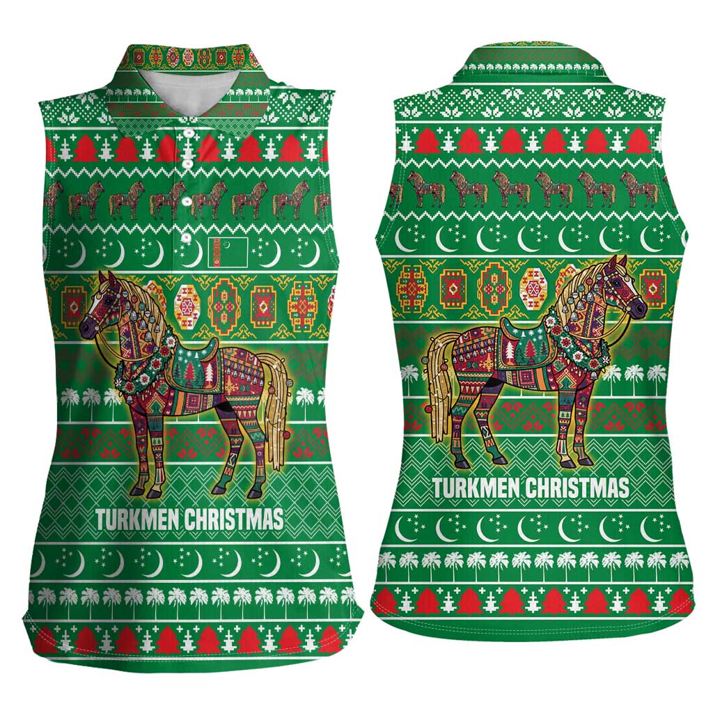 Turkmenistan Christmas Women Sleeveless Polo Shirt with Decorated Horse Crescent Moon Pattern and Traditional Carpet - Wonder Print Shop