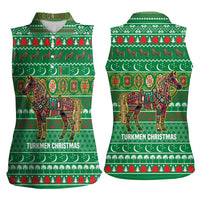Turkmenistan Christmas Women Sleeveless Polo Shirt with Decorated Horse Crescent Moon Pattern and Traditional Carpet - Wonder Print Shop