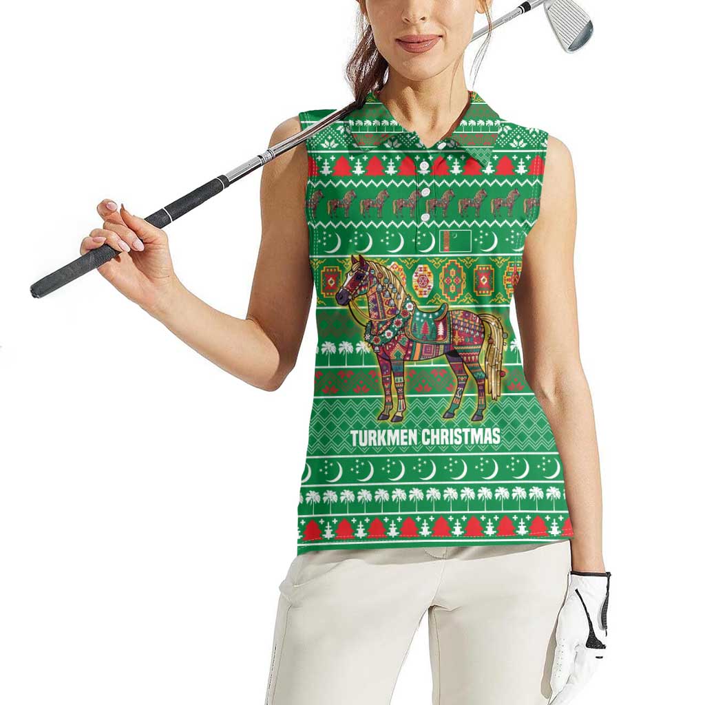 Turkmenistan Christmas Women Sleeveless Polo Shirt with Decorated Horse Crescent Moon Pattern and Traditional Carpet - Wonder Print Shop