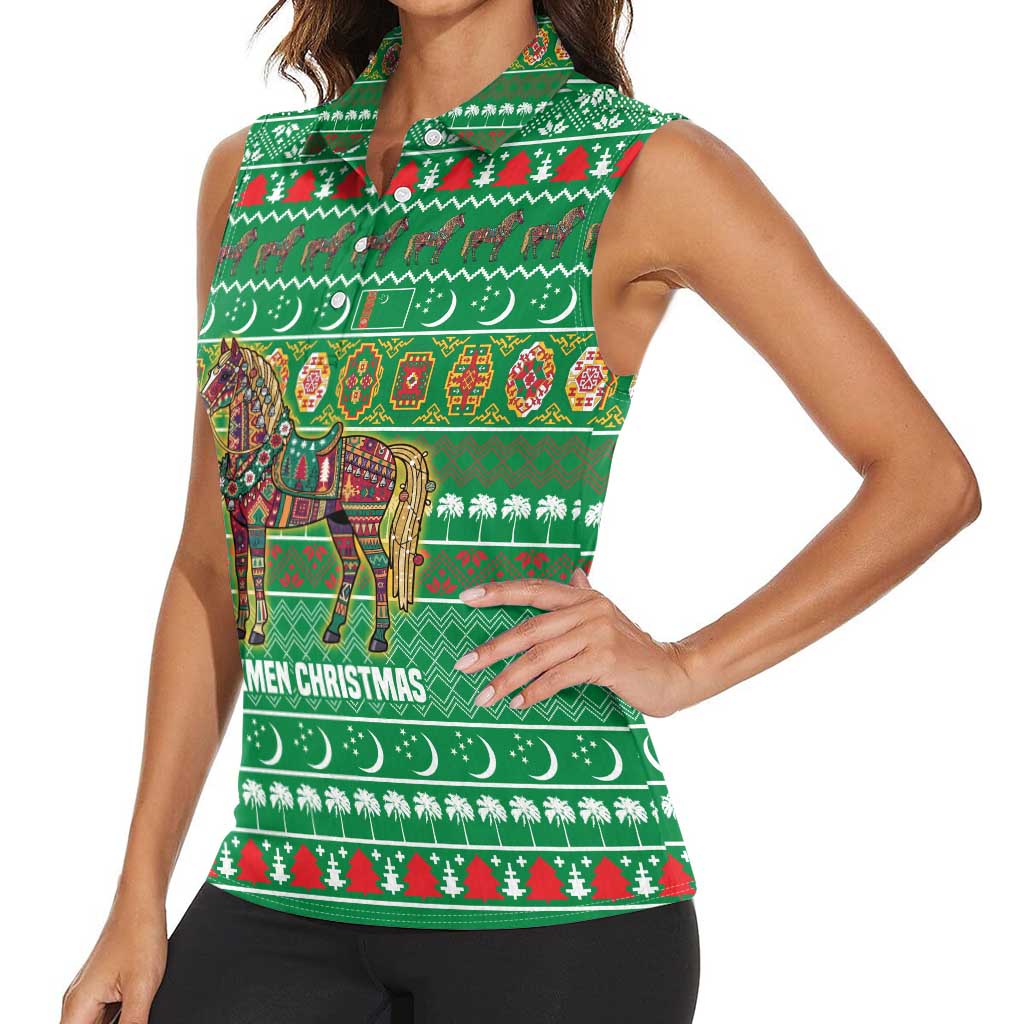 Turkmenistan Christmas Women Sleeveless Polo Shirt with Decorated Horse Crescent Moon Pattern and Traditional Carpet - Wonder Print Shop