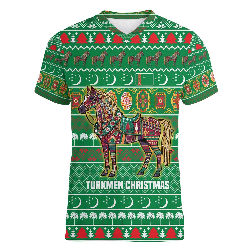 Turkmenistan Christmas Women V-Neck T-Shirt with Decorated Horse Crescent Moon Pattern and Traditional Carpet - Wonder Print Shop