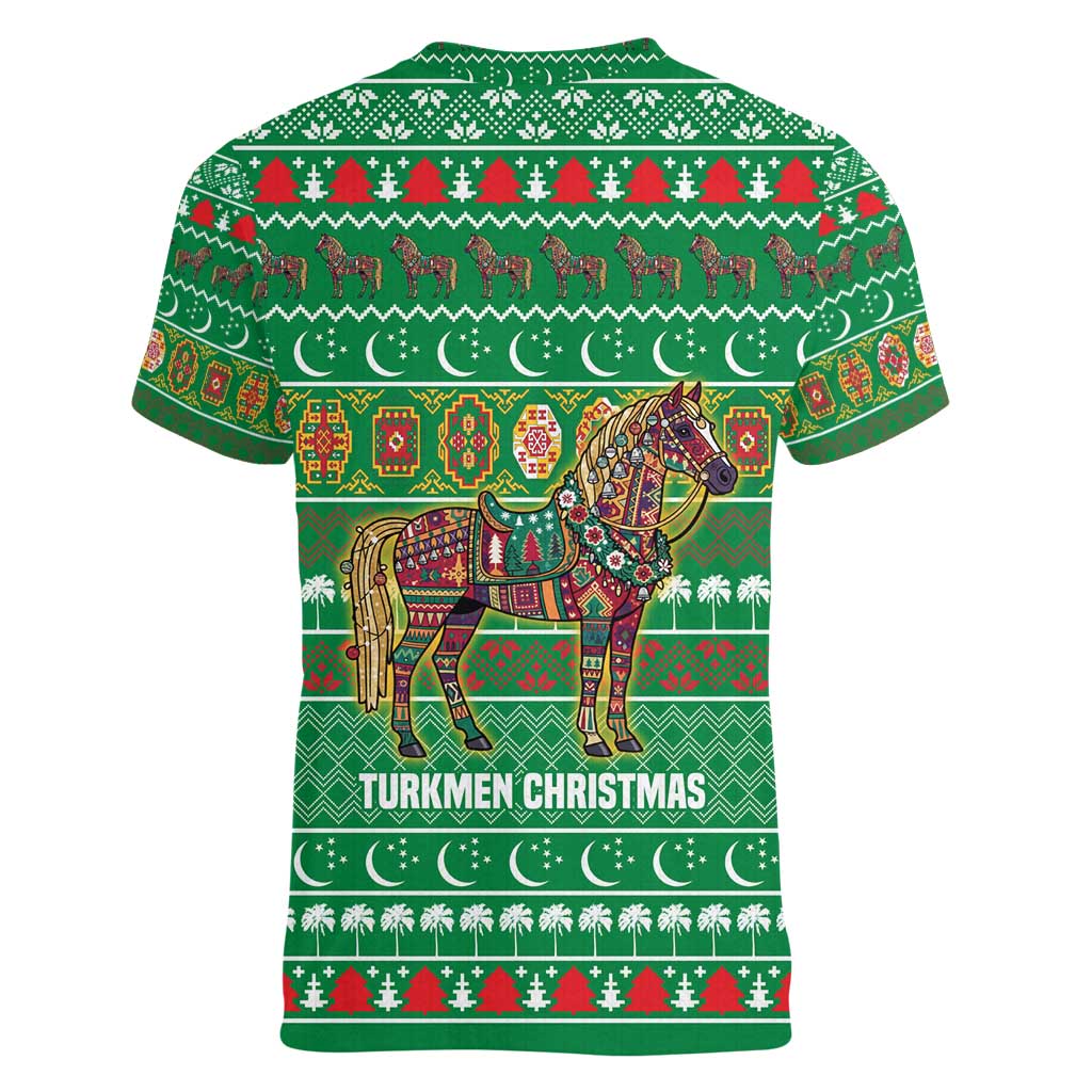 Turkmenistan Christmas Women V-Neck T-Shirt with Decorated Horse Crescent Moon Pattern and Traditional Carpet - Wonder Print Shop