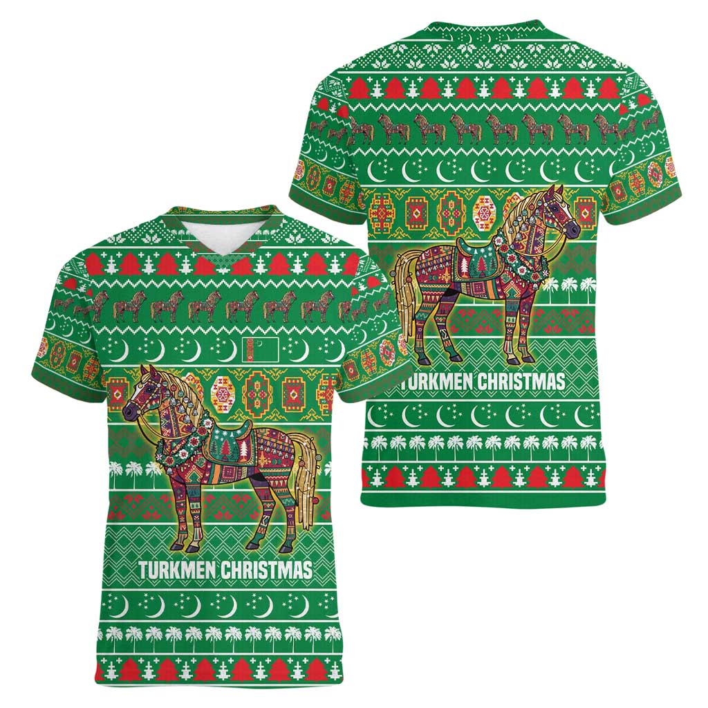 Turkmenistan Christmas Women V-Neck T-Shirt with Decorated Horse Crescent Moon Pattern and Traditional Carpet - Wonder Print Shop