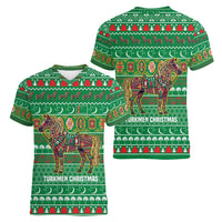Turkmenistan Christmas Women V-Neck T-Shirt with Decorated Horse Crescent Moon Pattern and Traditional Carpet - Wonder Print Shop