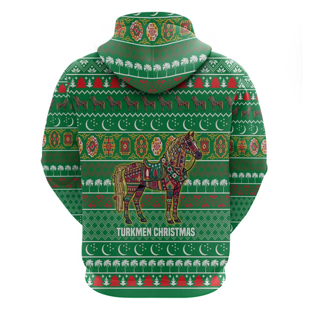 Turkmenistan Christmas Zip Hoodie with Decorated Horse Crescent Moon Pattern and Traditional Carpet - Wonder Print Shop