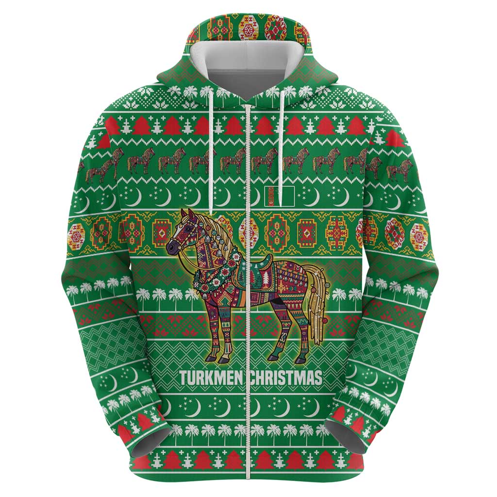 Turkmenistan Christmas Zip Hoodie with Decorated Horse Crescent Moon Pattern and Traditional Carpet - Wonder Print Shop