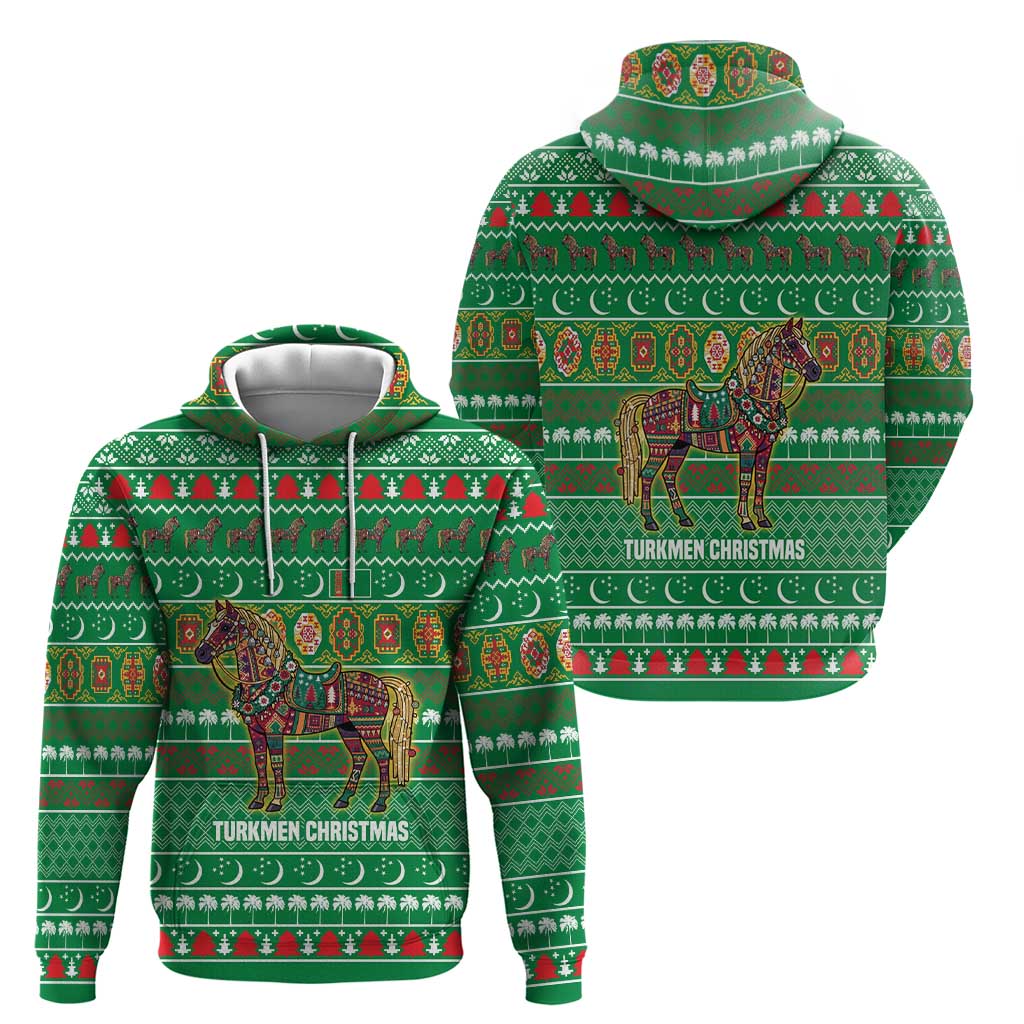 Turkmenistan Christmas Zip Hoodie with Decorated Horse Crescent Moon Pattern and Traditional Carpet - Wonder Print Shop