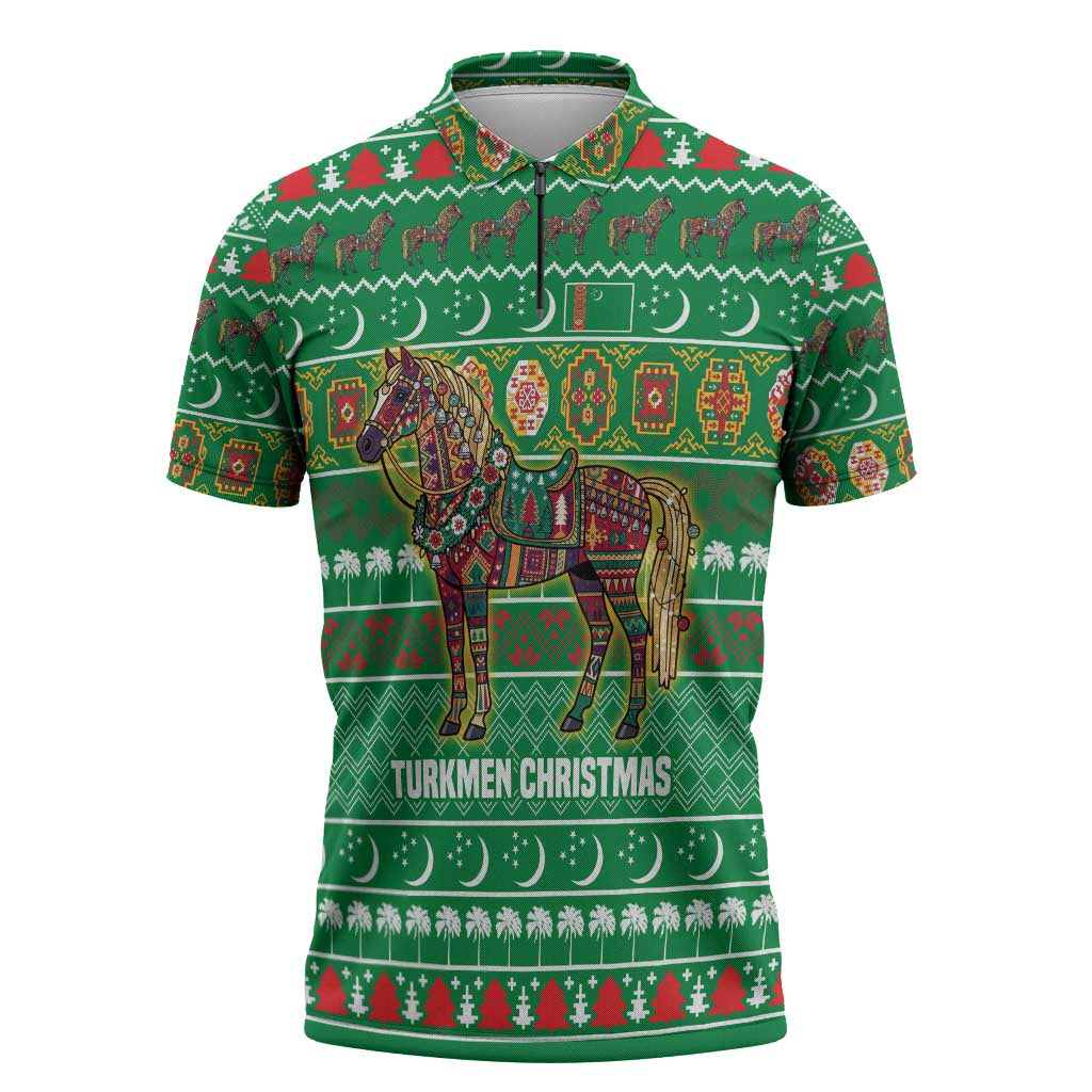 Turkmenistan Christmas Zipper Polo Shirt with Decorated Horse Crescent Moon Pattern and Traditional Carpet - Wonder Print Shop