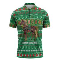 Turkmenistan Christmas Zipper Polo Shirt with Decorated Horse Crescent Moon Pattern and Traditional Carpet - Wonder Print Shop