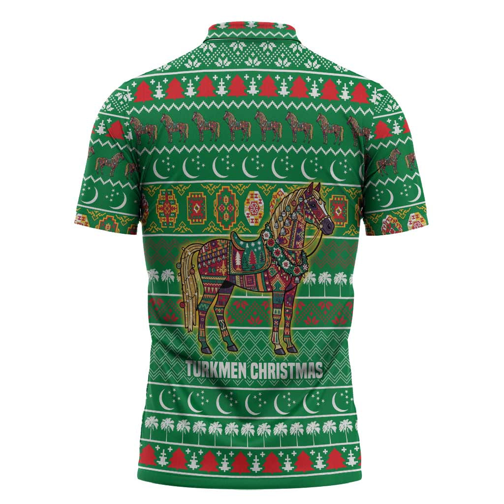 Turkmenistan Christmas Zipper Polo Shirt with Decorated Horse Crescent Moon Pattern and Traditional Carpet - Wonder Print Shop