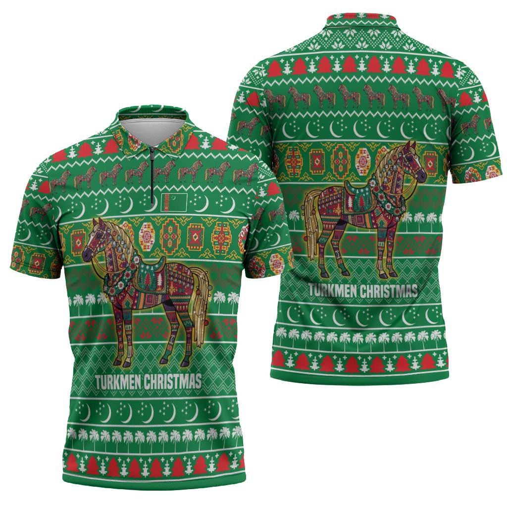 Turkmenistan Christmas Zipper Polo Shirt with Decorated Horse Crescent Moon Pattern and Traditional Carpet - Wonder Print Shop