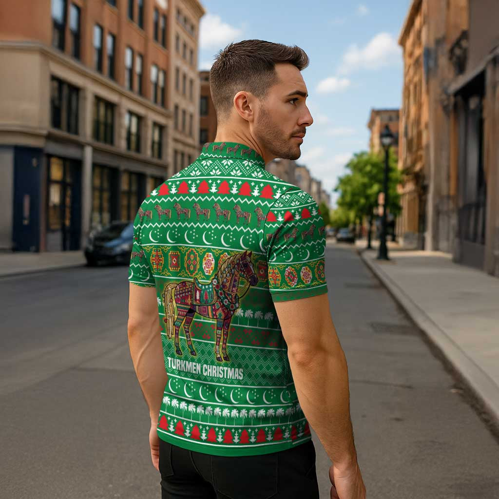 Turkmenistan Christmas Zipper Polo Shirt with Decorated Horse Crescent Moon Pattern and Traditional Carpet - Wonder Print Shop