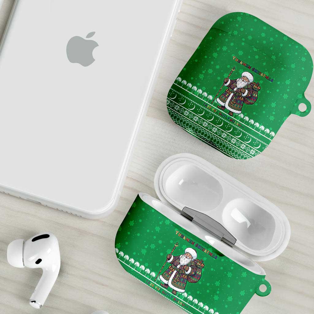Turkmenistan Christmas AirPods Case with Traditional Santa Snowflake Crescent Moon and National Emblem - Wonder Print Shop