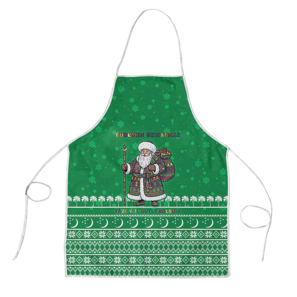 Turkmenistan Christmas Apron with Traditional Santa Snowflake Crescent Moon and National Emblem - Wonder Print Shop