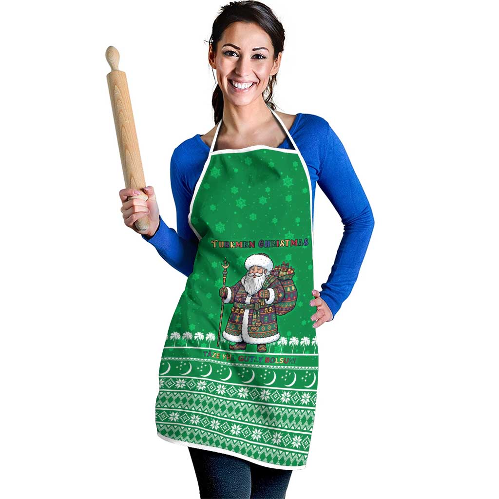 Turkmenistan Christmas Apron with Traditional Santa Snowflake Crescent Moon and National Emblem - Wonder Print Shop