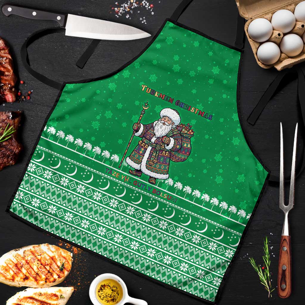 Turkmenistan Christmas Apron with Traditional Santa Snowflake Crescent Moon and National Emblem - Wonder Print Shop