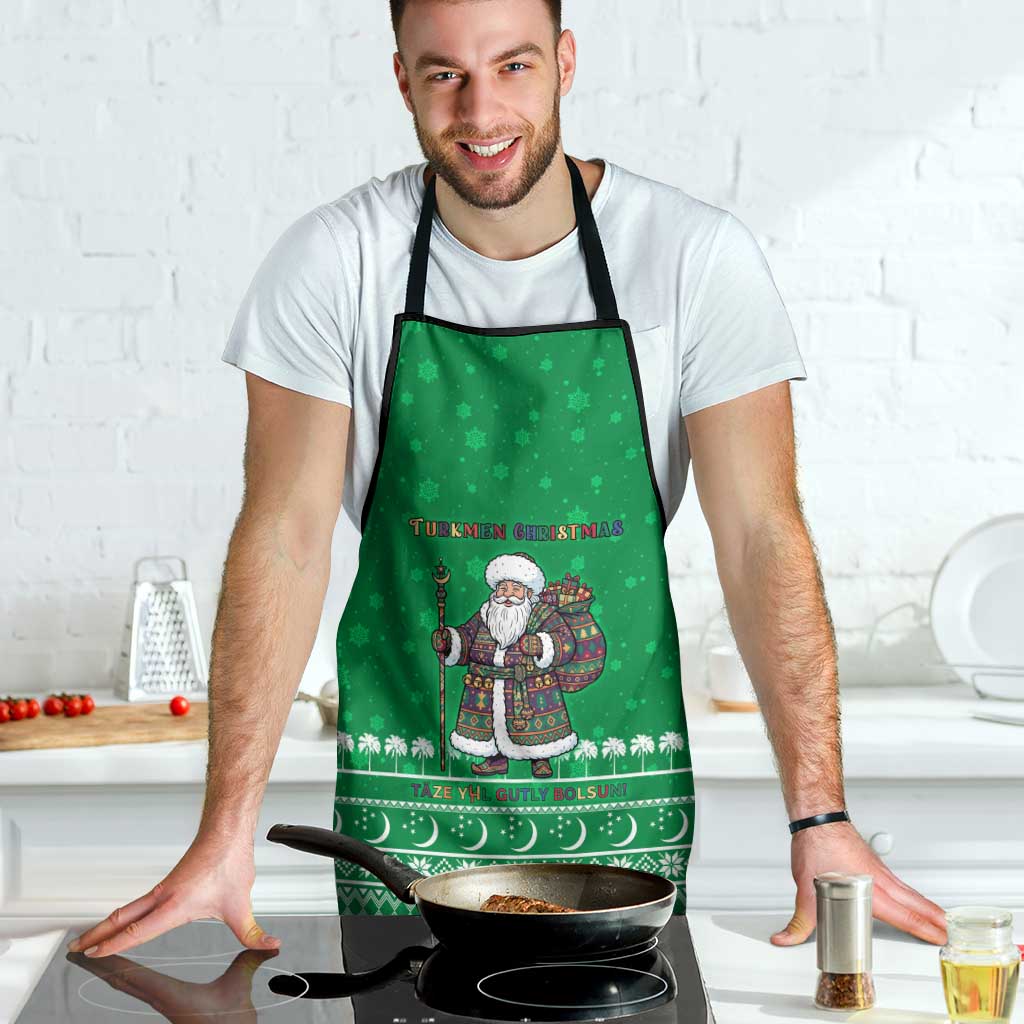 Turkmenistan Christmas Apron with Traditional Santa Snowflake Crescent Moon and National Emblem - Wonder Print Shop