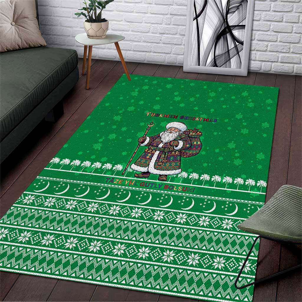 Turkmenistan Christmas Area Rug with Traditional Santa Snowflake Crescent Moon and National Emblem - Wonder Print Shop