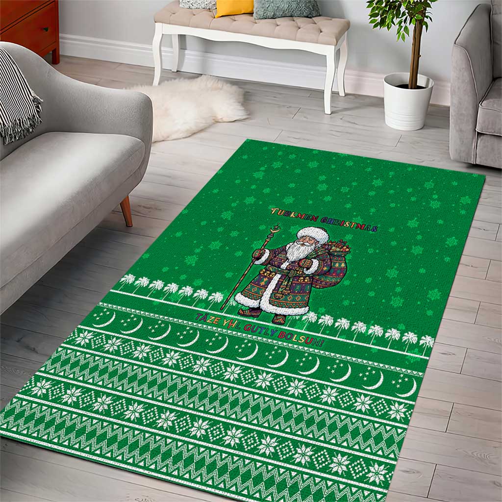 Turkmenistan Christmas Area Rug with Traditional Santa Snowflake Crescent Moon and National Emblem - Wonder Print Shop