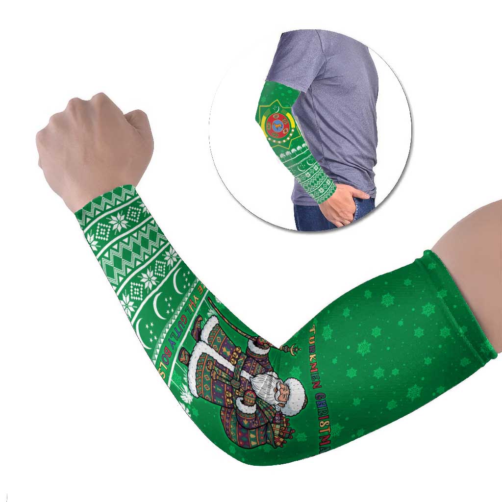 Turkmenistan Christmas Arm Sleeves with Traditional Santa Snowflake Crescent Moon and National Emblem - Wonder Print Shop