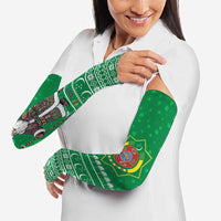 Turkmenistan Christmas Arm Sleeves with Traditional Santa Snowflake Crescent Moon and National Emblem - Wonder Print Shop