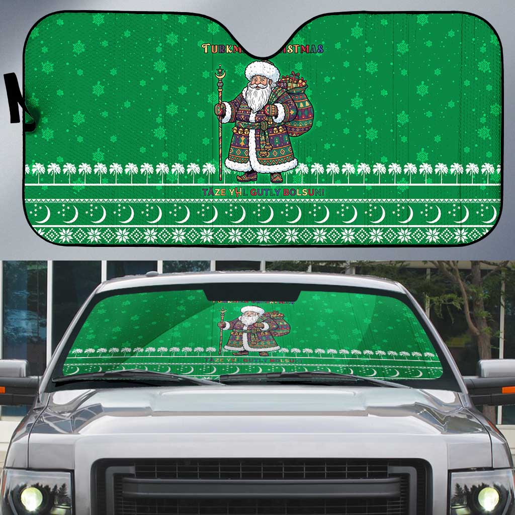 Turkmenistan Christmas Auto Sun Shade with Traditional Santa Snowflake Crescent Moon and National Emblem - Wonder Print Shop