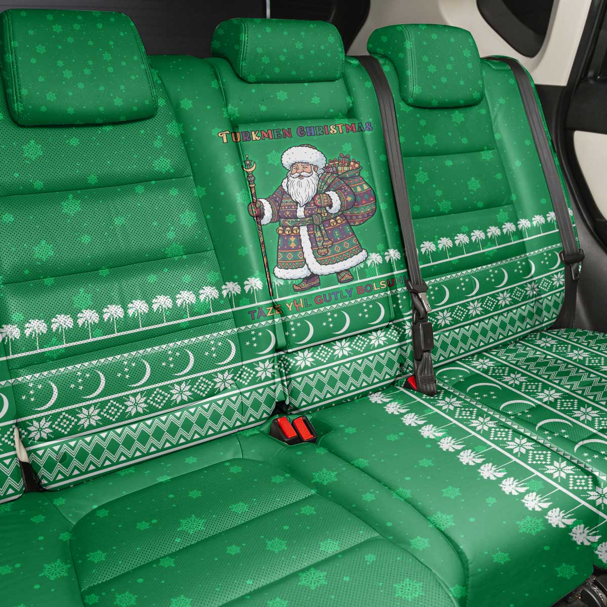 Turkmenistan Christmas Back Car Seat Cover with Traditional Santa Snowflake Crescent Moon and National Emblem - Wonder Print Shop