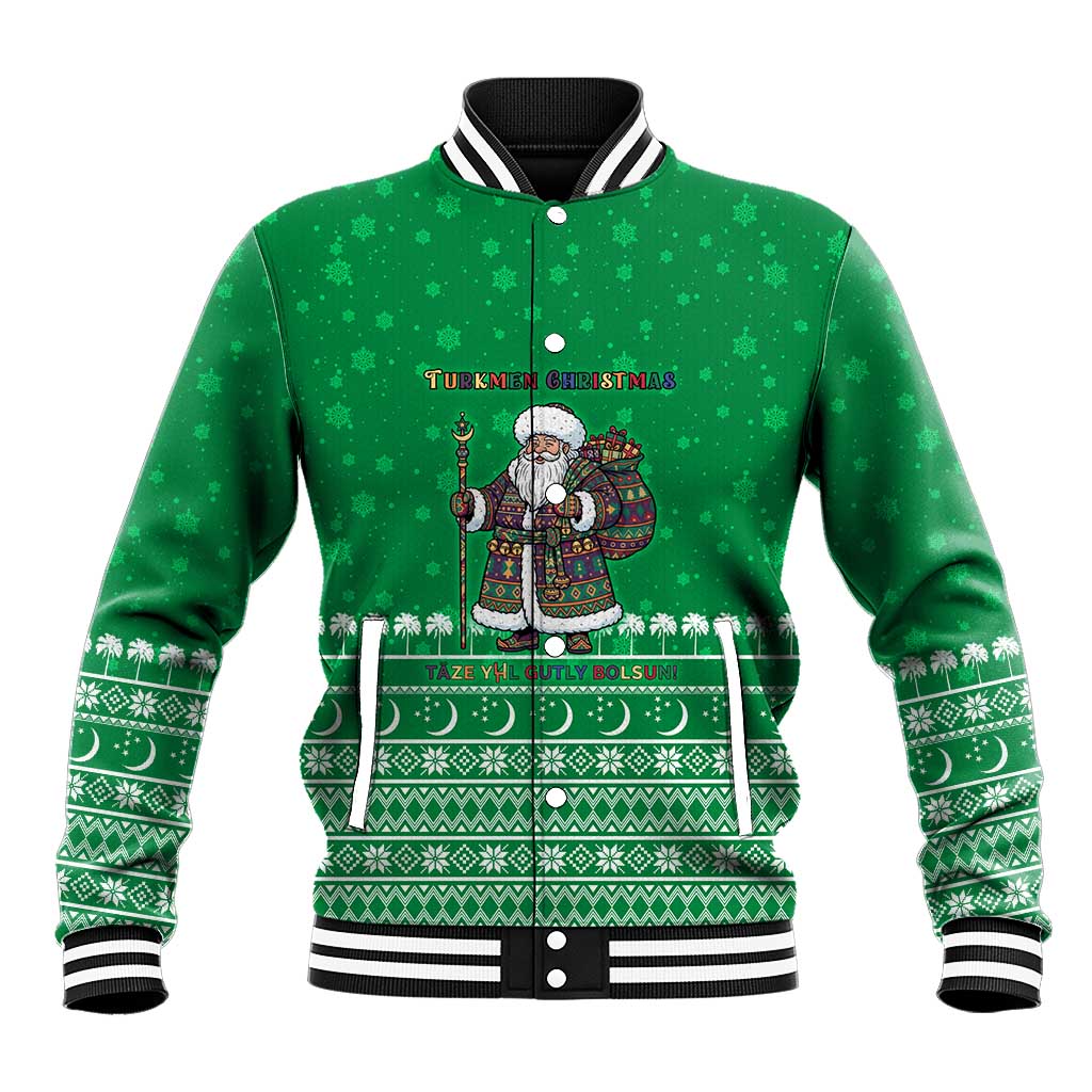 Turkmenistan Christmas Baseball Jacket with Traditional Santa Snowflake Crescent Moon and National Emblem - Wonder Print Shop