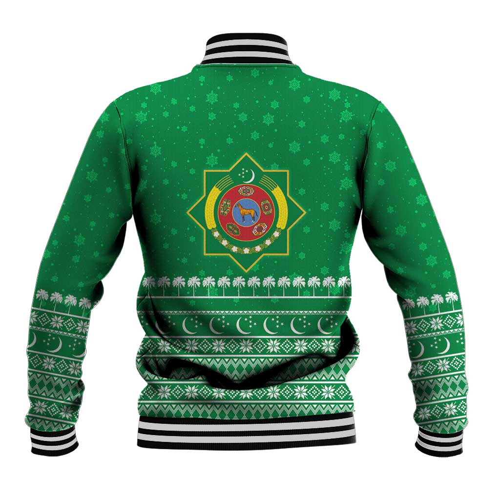 Turkmenistan Christmas Baseball Jacket with Traditional Santa Snowflake Crescent Moon and National Emblem - Wonder Print Shop