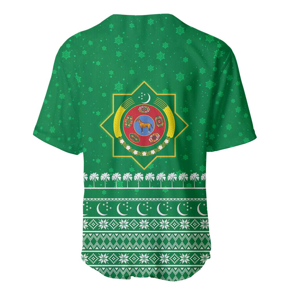 Turkmenistan Christmas Baseball Jersey with Traditional Santa Snowflake Crescent Moon and National Emblem - Wonder Print Shop