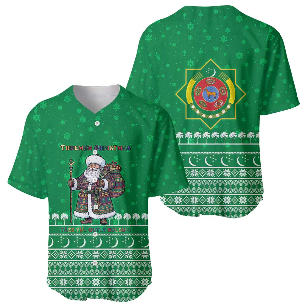 Turkmenistan Christmas Baseball Jersey with Traditional Santa Snowflake Crescent Moon and National Emblem - Wonder Print Shop