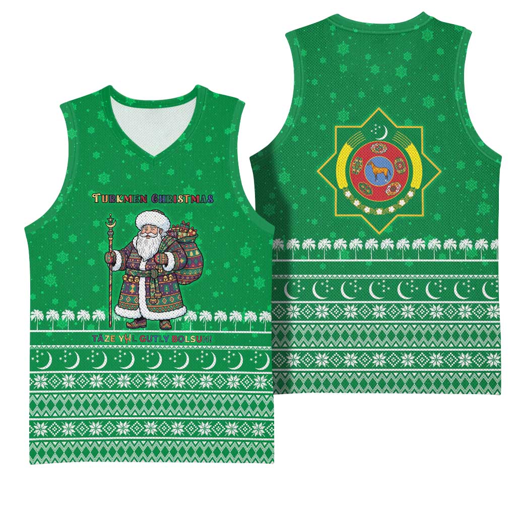 Turkmenistan Christmas Basketball Jersey with Traditional Santa Snowflake Crescent Moon and National Emblem - Wonder Print Shop