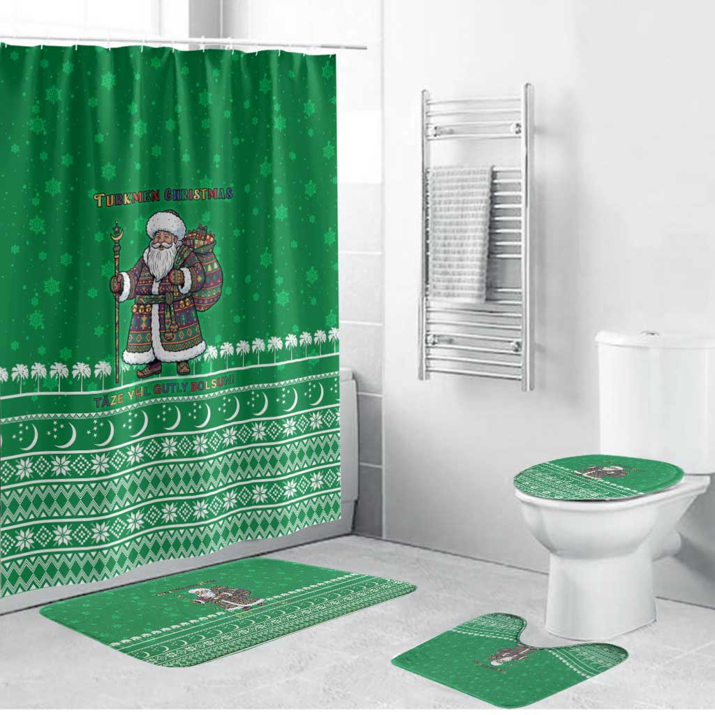 Turkmenistan Christmas Bathroom Set with Traditional Santa Snowflake Crescent Moon and National Emblem - Wonder Print Shop