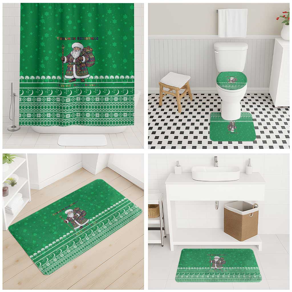 Turkmenistan Christmas Bathroom Set with Traditional Santa Snowflake Crescent Moon and National Emblem - Wonder Print Shop