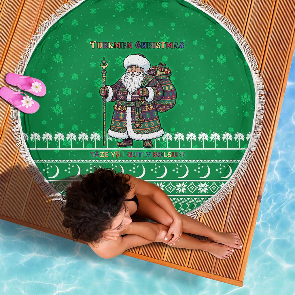 Turkmenistan Christmas Beach Blanket with Traditional Santa Snowflake Crescent Moon and National Emblem - Wonder Print Shop
