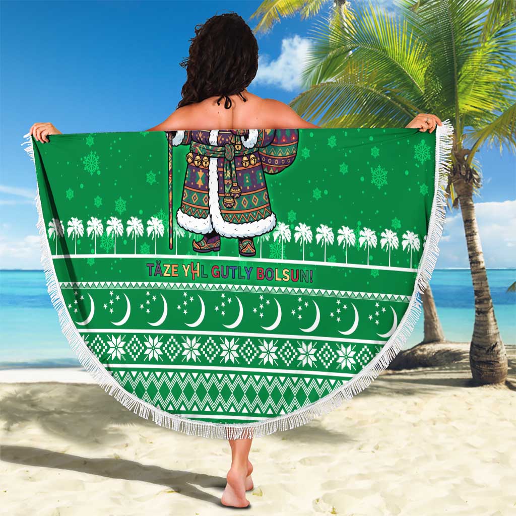 Turkmenistan Christmas Beach Blanket with Traditional Santa Snowflake Crescent Moon and National Emblem - Wonder Print Shop
