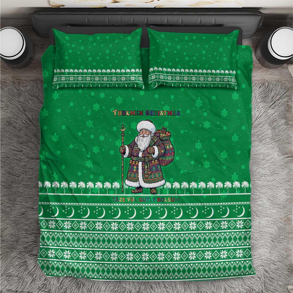 Turkmenistan Christmas Bedding Set with Traditional Santa Snowflake Crescent Moon and National Emblem - undefined