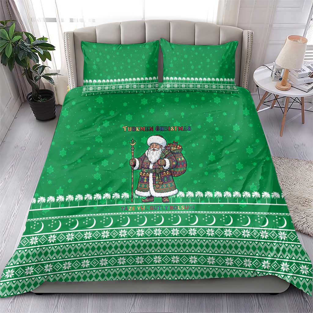 Turkmenistan Christmas Bedding Set with Traditional Santa Snowflake Crescent Moon and National Emblem - undefined