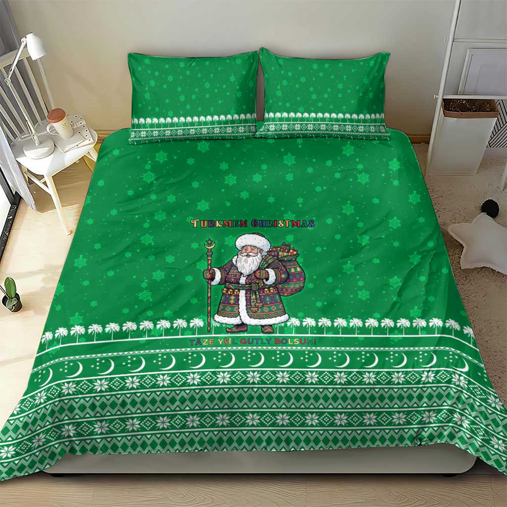Turkmenistan Christmas Bedding Set with Traditional Santa Snowflake Crescent Moon and National Emblem - undefined