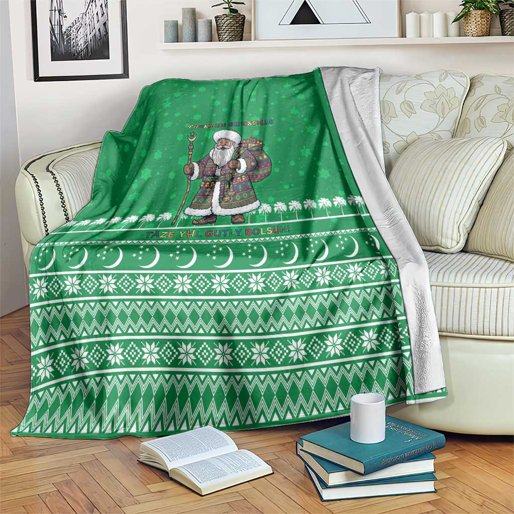 Turkmenistan Christmas Blanket with Traditional Santa Snowflake Crescent Moon and National Emblem - Wonder Print Shop