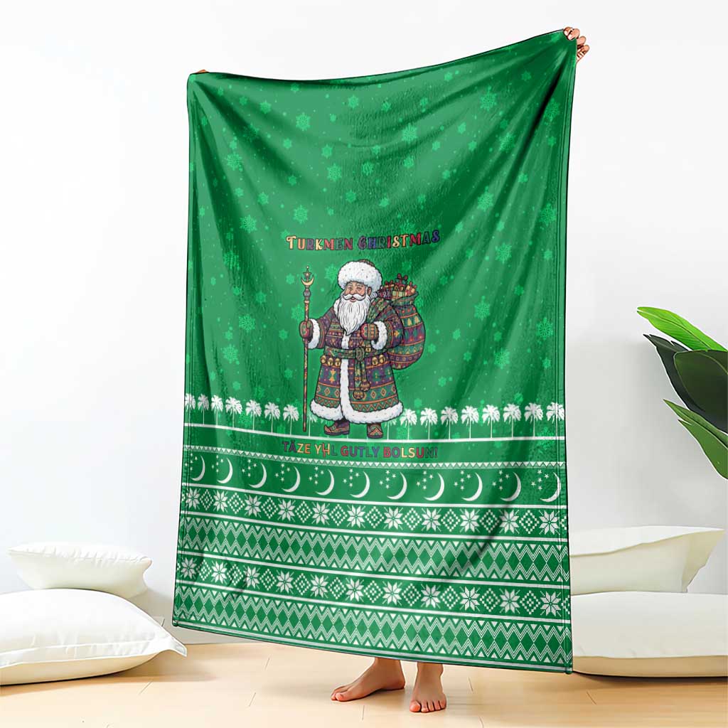 Turkmenistan Christmas Blanket with Traditional Santa Snowflake Crescent Moon and National Emblem - Wonder Print Shop