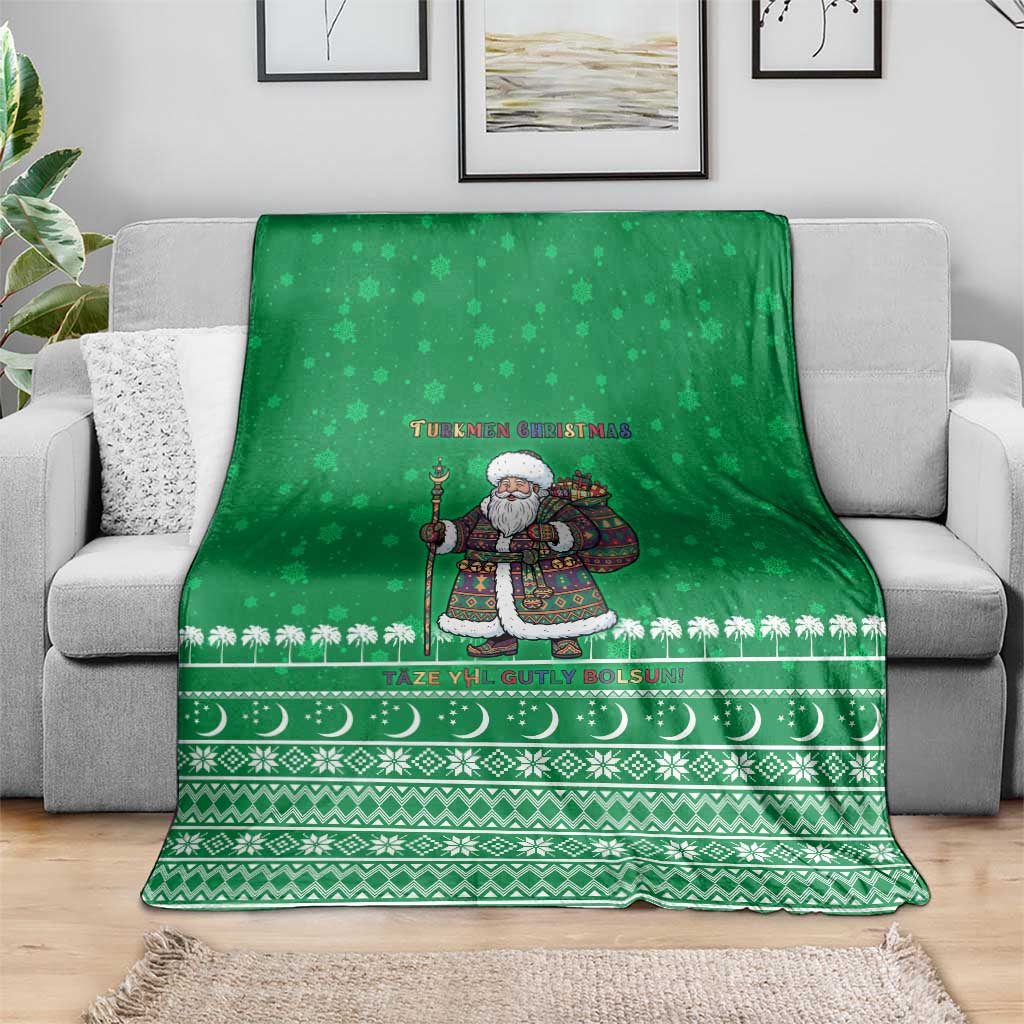 Turkmenistan Christmas Blanket with Traditional Santa Snowflake Crescent Moon and National Emblem - Wonder Print Shop