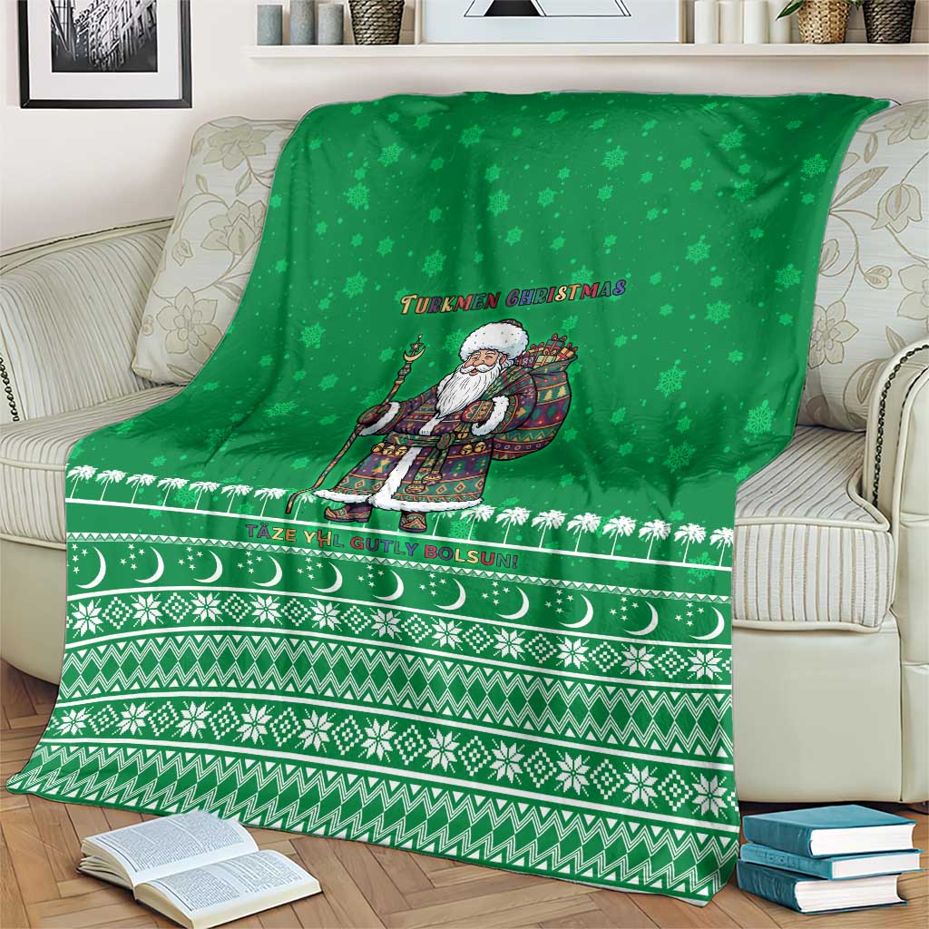 Turkmenistan Christmas Blanket with Traditional Santa Snowflake Crescent Moon and National Emblem - Wonder Print Shop