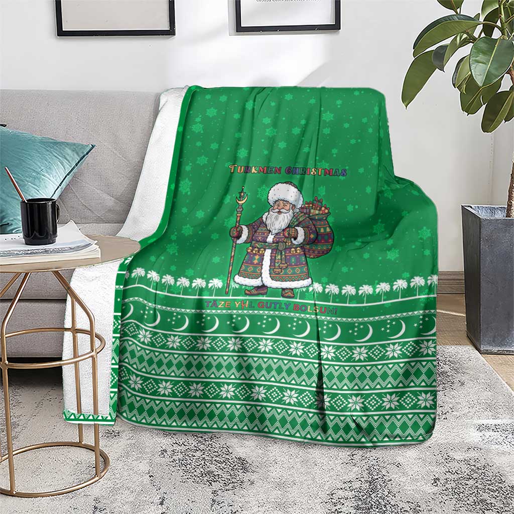 Turkmenistan Christmas Blanket with Traditional Santa Snowflake Crescent Moon and National Emblem - Wonder Print Shop