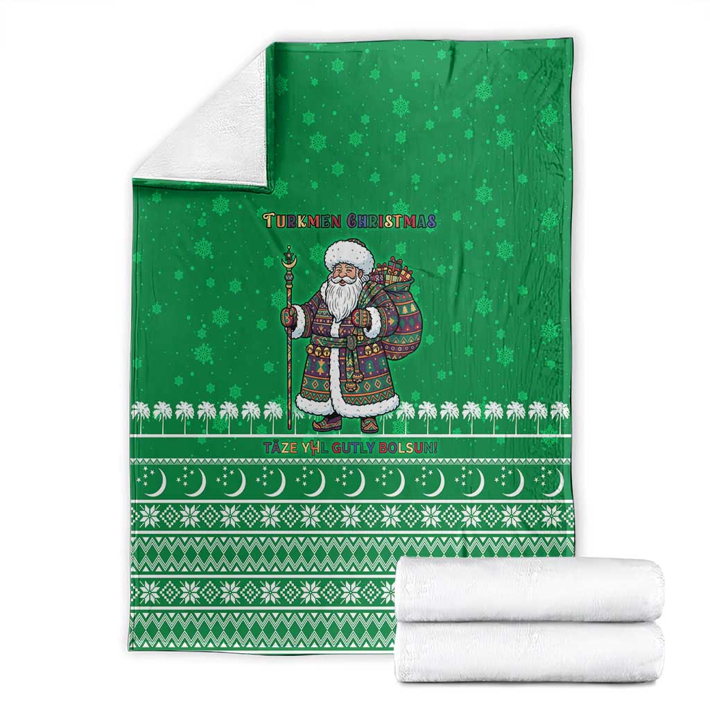 Turkmenistan Christmas Blanket with Traditional Santa Snowflake Crescent Moon and National Emblem - Wonder Print Shop