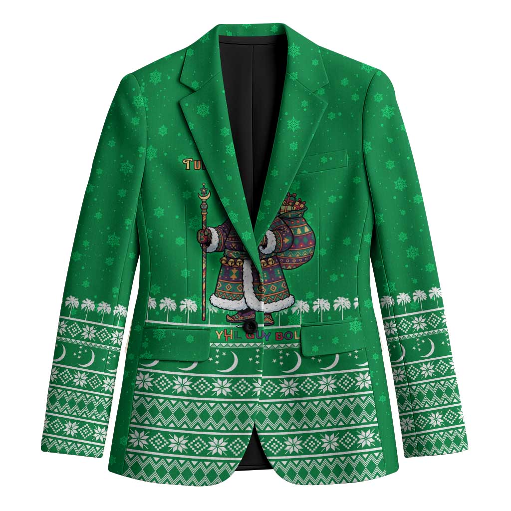 Turkmenistan Christmas Blazer with Traditional Santa Snowflake Crescent Moon and National Emblem - Wonder Print Shop