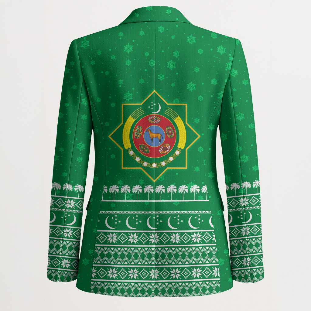Turkmenistan Christmas Blazer with Traditional Santa Snowflake Crescent Moon and National Emblem - Wonder Print Shop